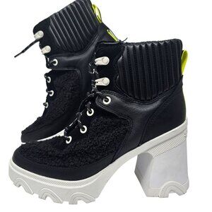 Sorel Brex Heel Cozy Boot Black Sea Salt Chunky Faux Fur Leather Womens Size 7.5